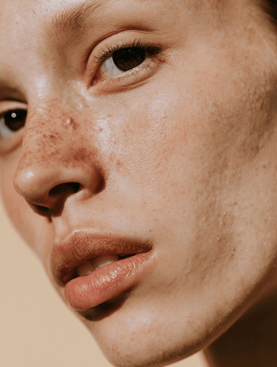 Close-up of a face highlighting natural skin texture, freckles, and soft lighting, creating a warm and intimate portrait.