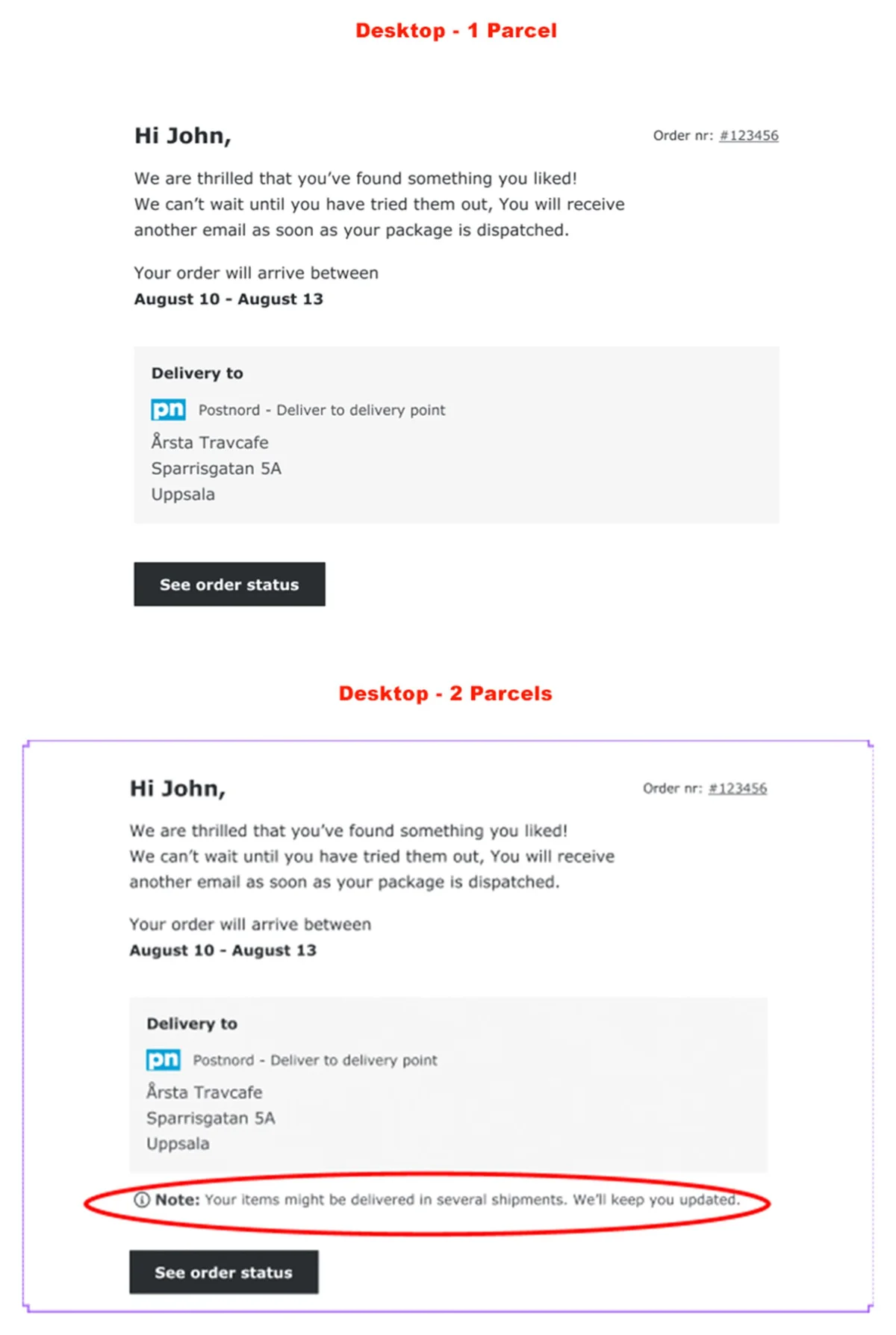 Order confirmation email on desktop for one parcel and for two parcels, with the split-shipment note circled