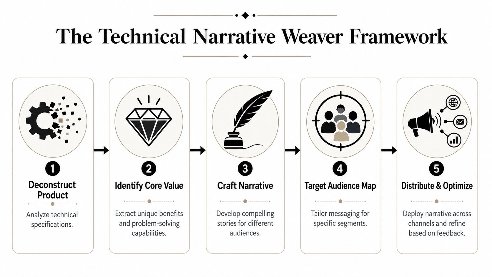 A flowchart titled The Technical Narrative Weaver Framework showing five steps for product marketing communication strategy.
