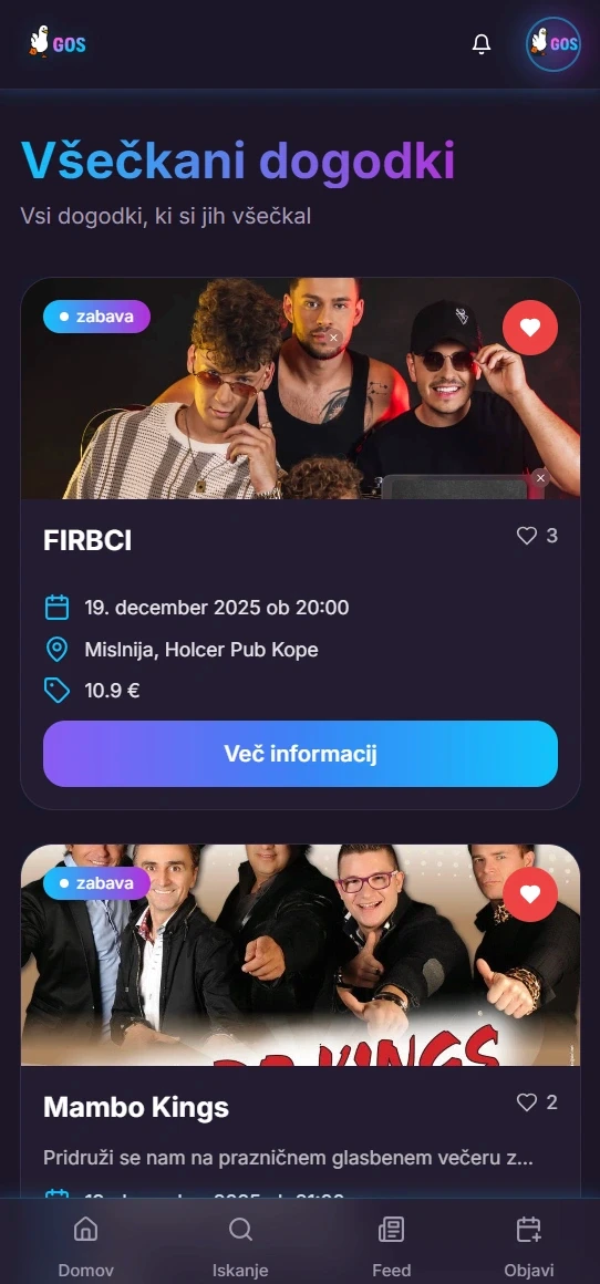 Uporabniški vmesnik GOS, ki prikazuje swipe kartice za prikaz všečkanih dogodkov
