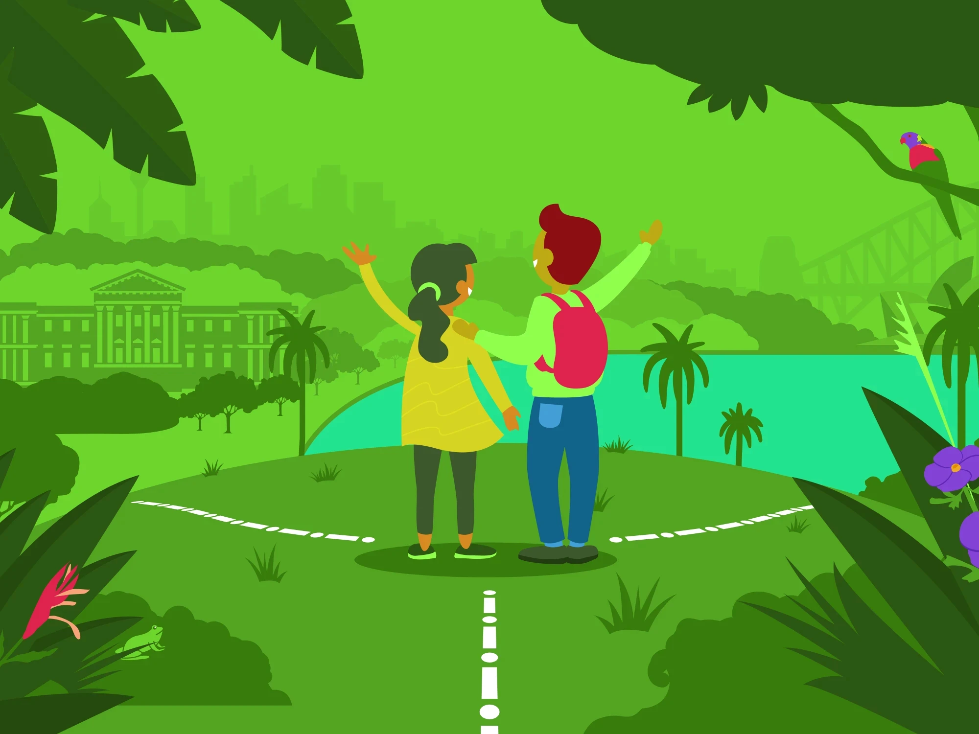 Colourful illustration of a boy and girl standing on a hilltop overlooking the Sydney botanical gardens