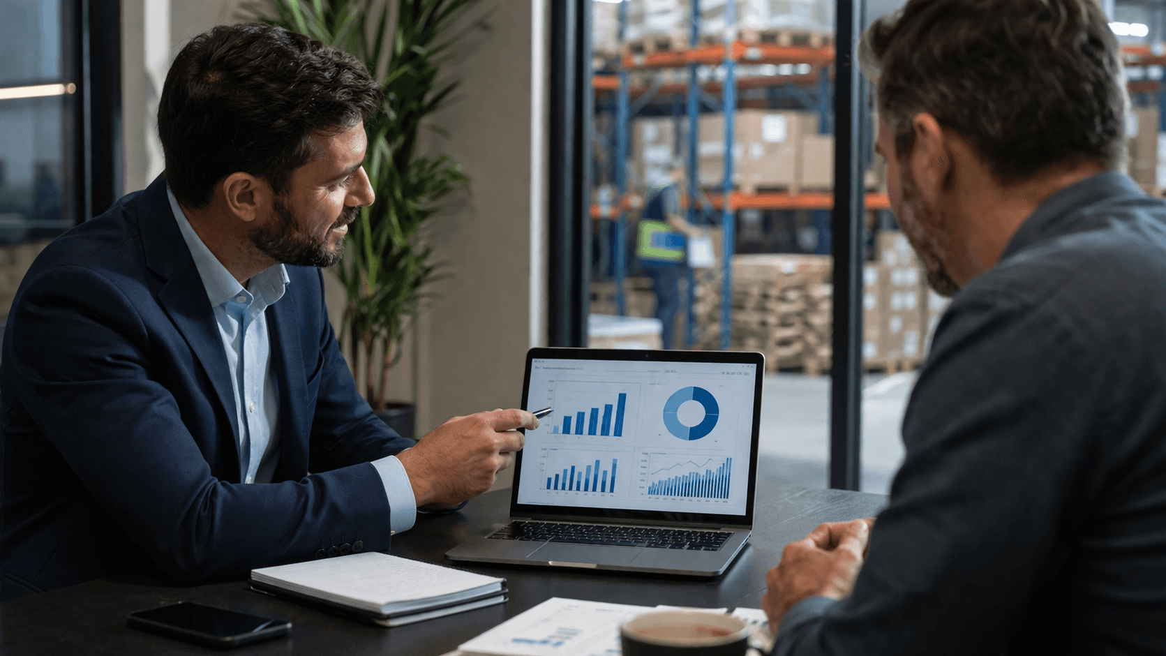 Dois profissionais analisam gráficos de vendas em um laptop dentro de um escritório moderno, com um armazém visível ao fundo, indicando conexão entre dados e operação logística.