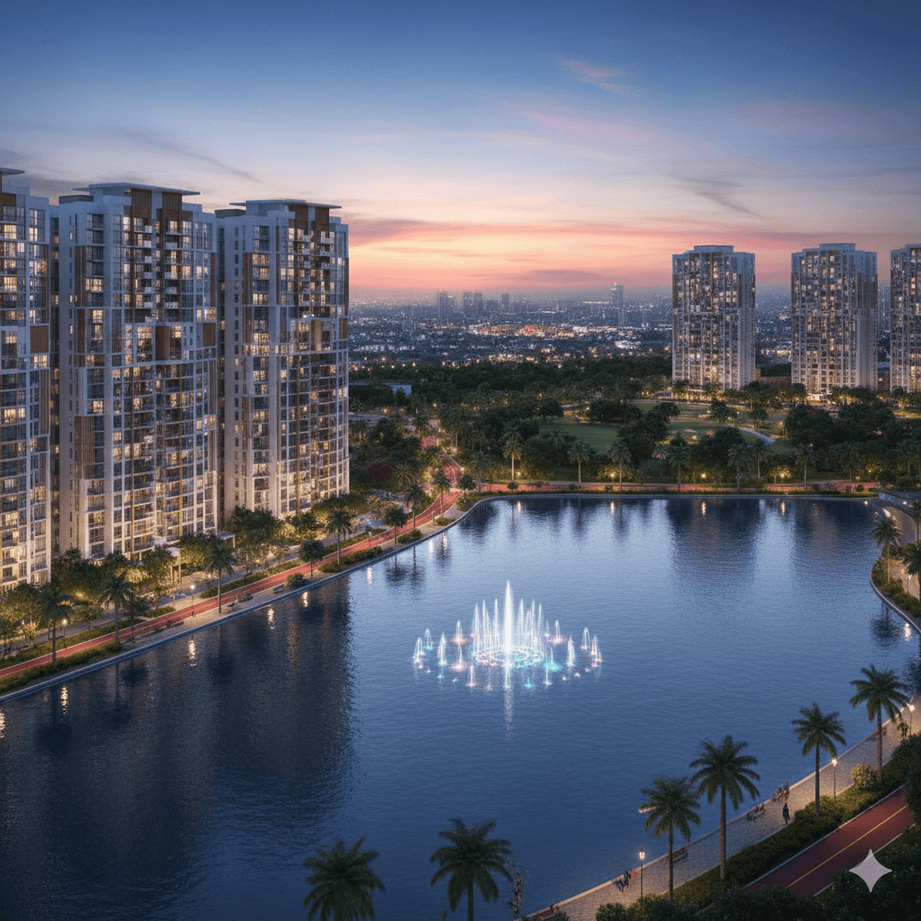 Luxury high-rise apartments overlooking the central lake feature at M3M International City, Manesar