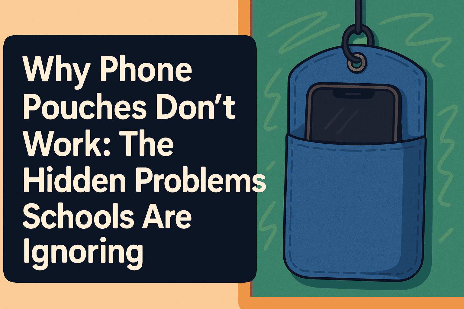 Illustrated classroom scene showing a smartphone sitting in a blue phone pouch hanging on a chalkboard next to the headline “Why Phone Pouches Don’t Work,” representing the hidden problems with school cell phone pouch policies.