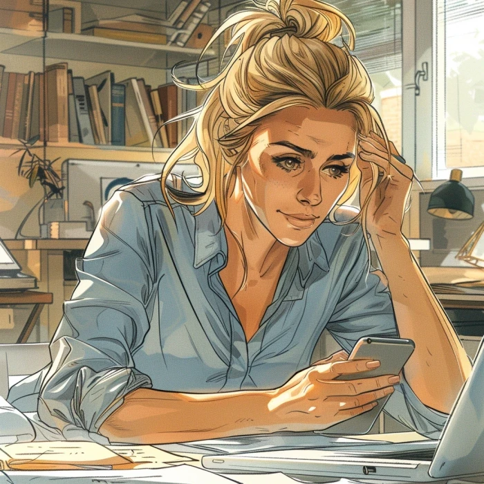 The woman uses an app on her laptop to plan her day.