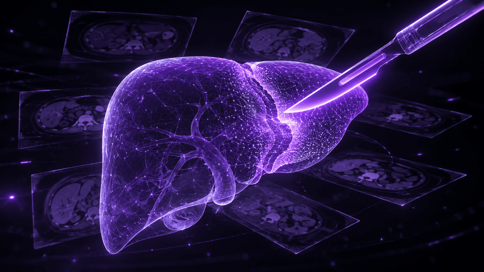 Glowing 3D wireframe liver being cut by a scalpel over floating CT scan slices, showing real-time tissue deformation in medical simulation