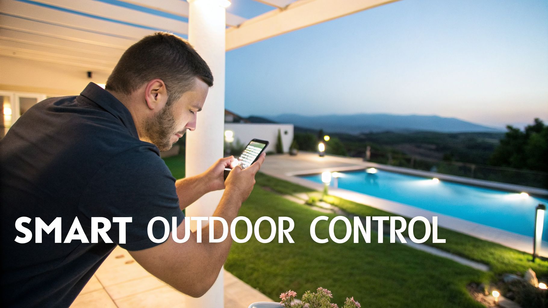 A man uses his smartphone to control smart outdoor lights around a pool and patio at dusk.