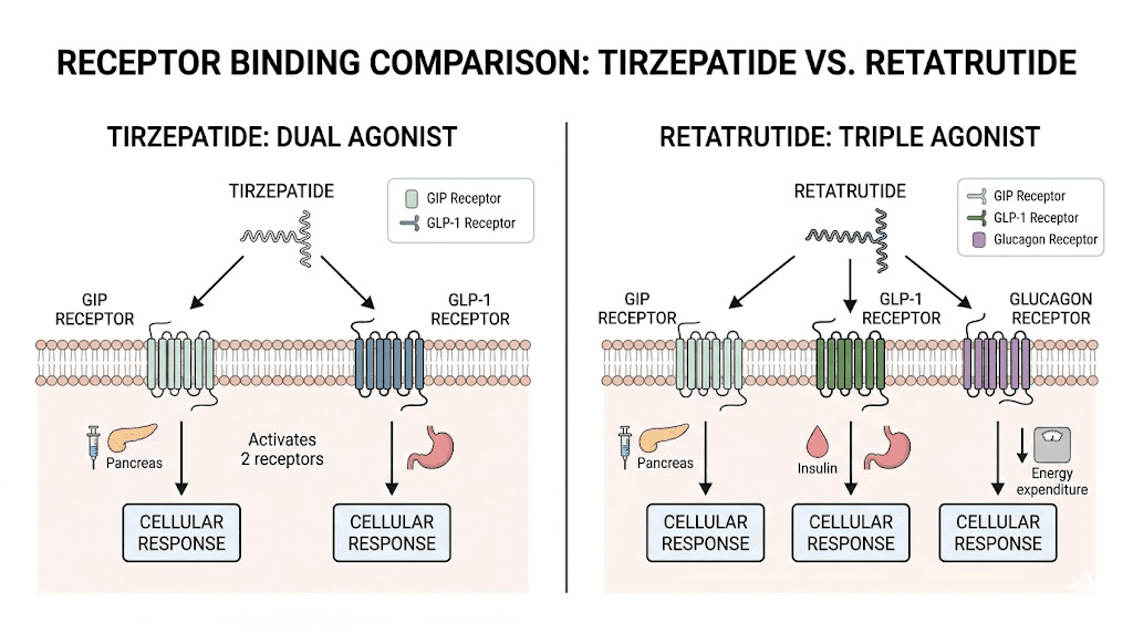Tirzepatide dual receptor vs retatrutide triple receptor mechanism comparison