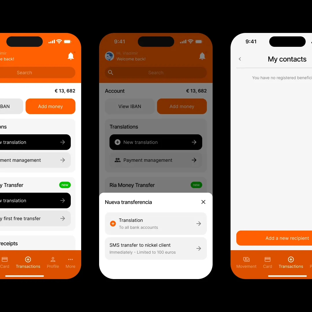 Mobile banking app UI screens with transactions, transfers, and account management features