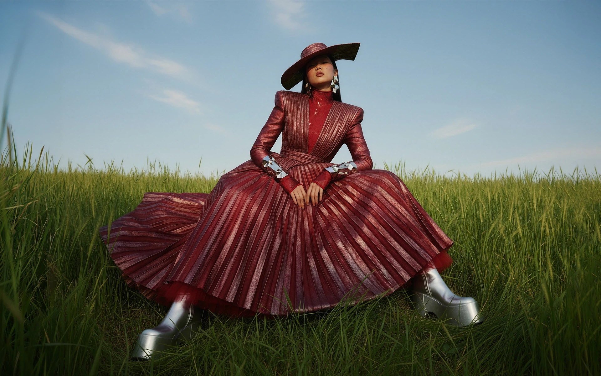 A person in a pleated red dress and wide-brimmed hat sitting in a lush green field under a blue sky.