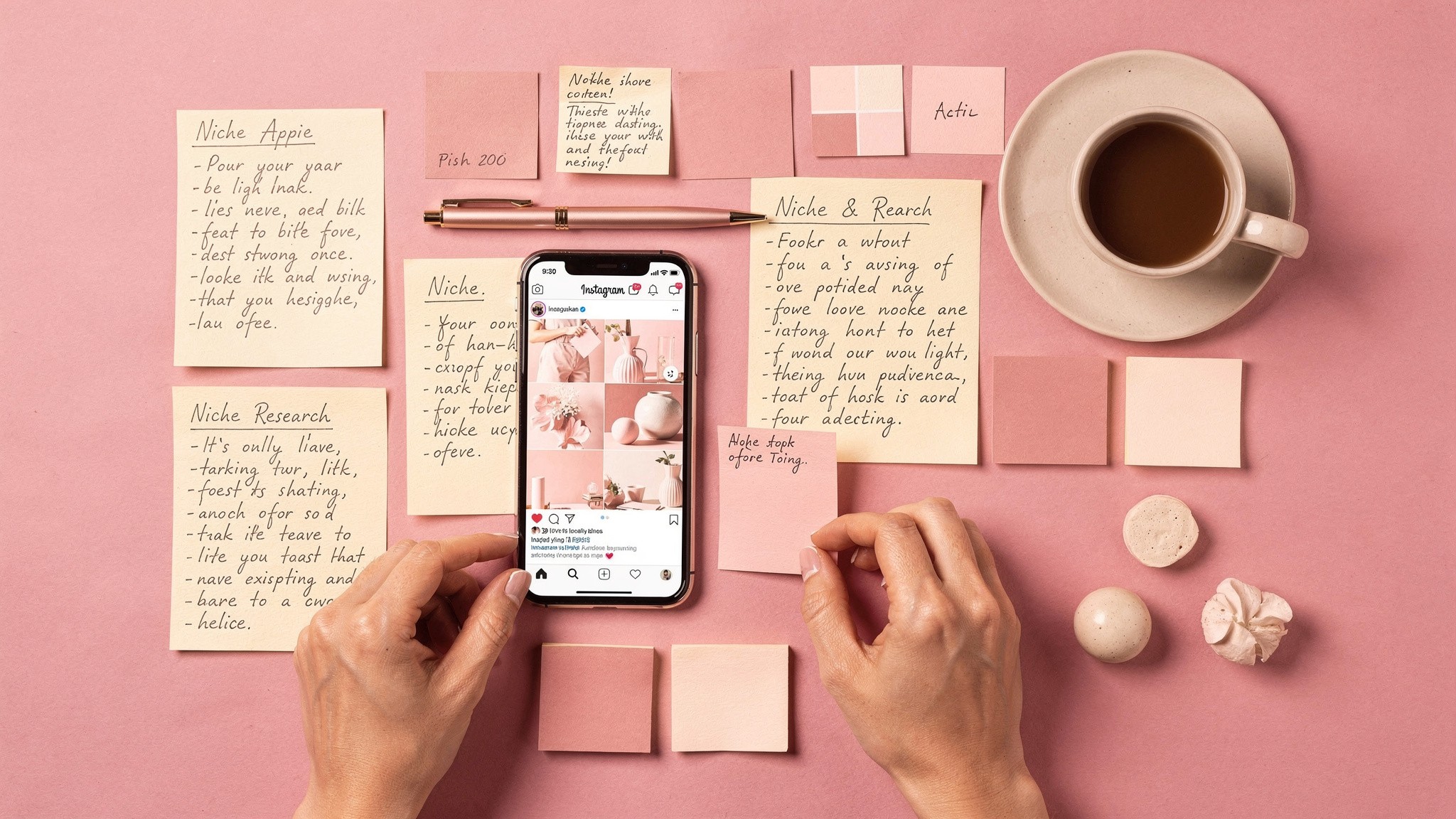 Pink flat lay of niche research notes and a phone showing an Instagram theme page grid