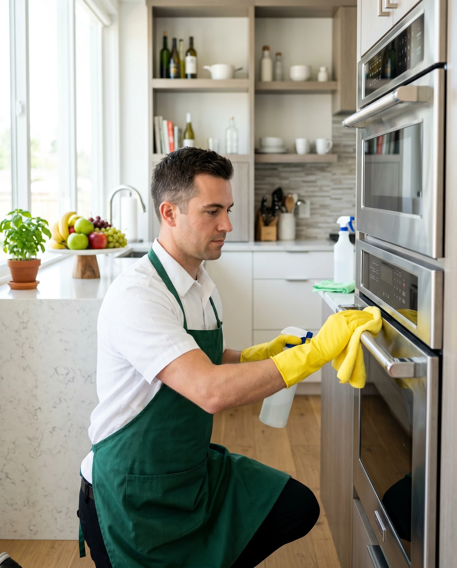 Man in green apron cleaning an oven in a modern kitchen.