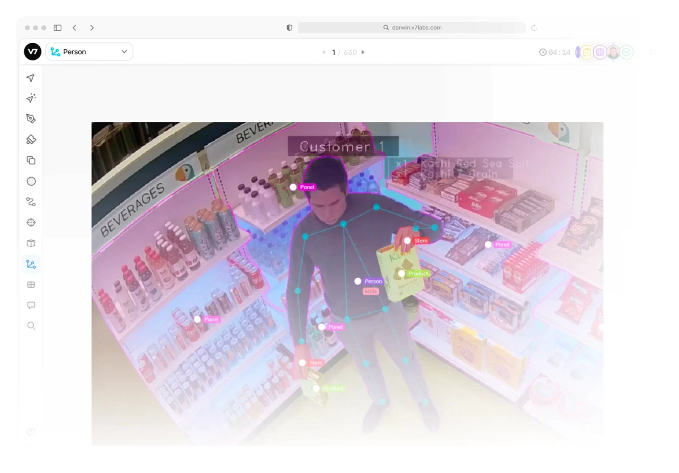 A retail store surveillance system using AI-powered analysis. The system detects a customer picking up items from a shelf, with labeled annotations identifying the person, products, and store panels. A skeletal overlay tracks the customer's body posture and movements.