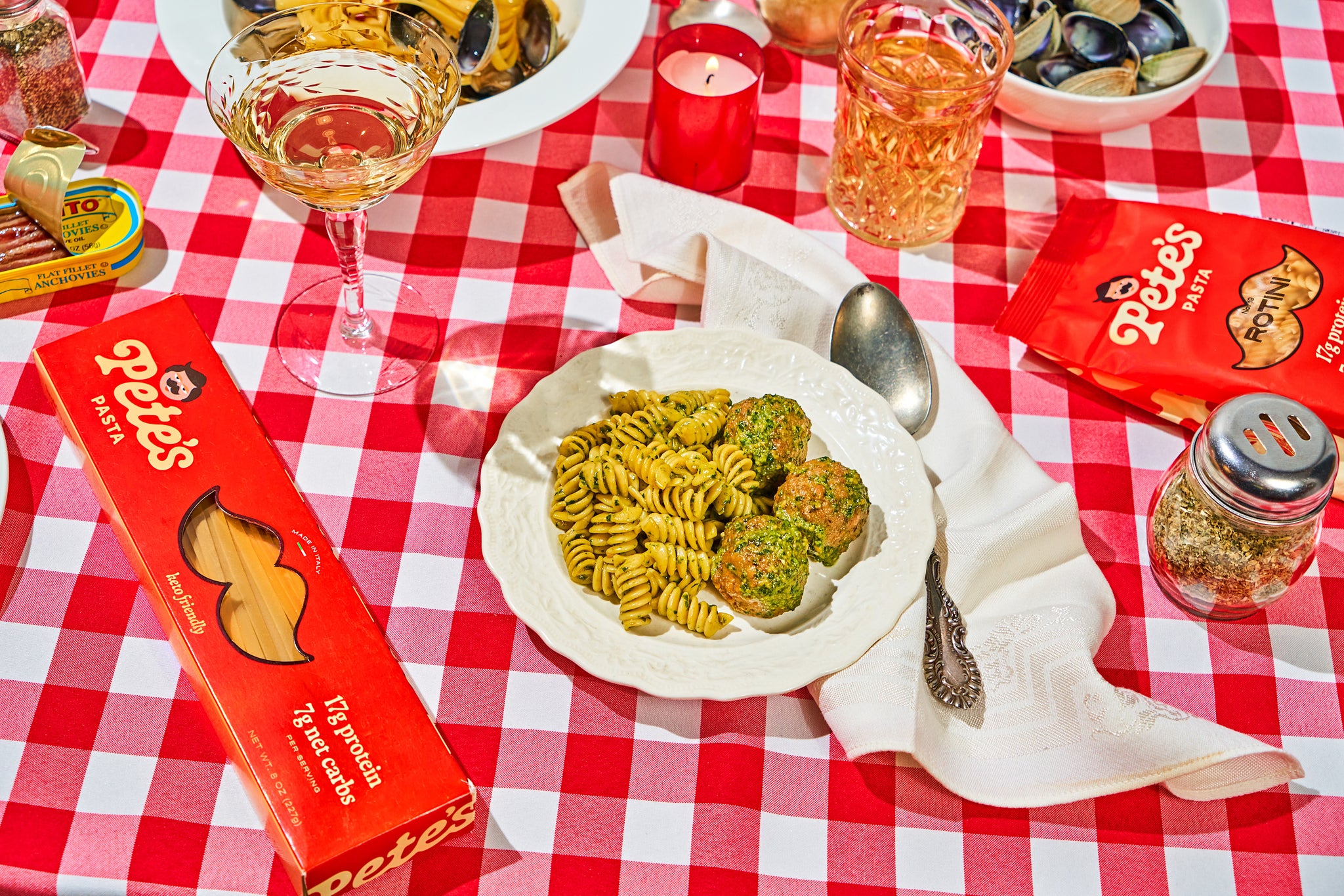 Pete’s Pasta pesto and meatballs on the campaign table