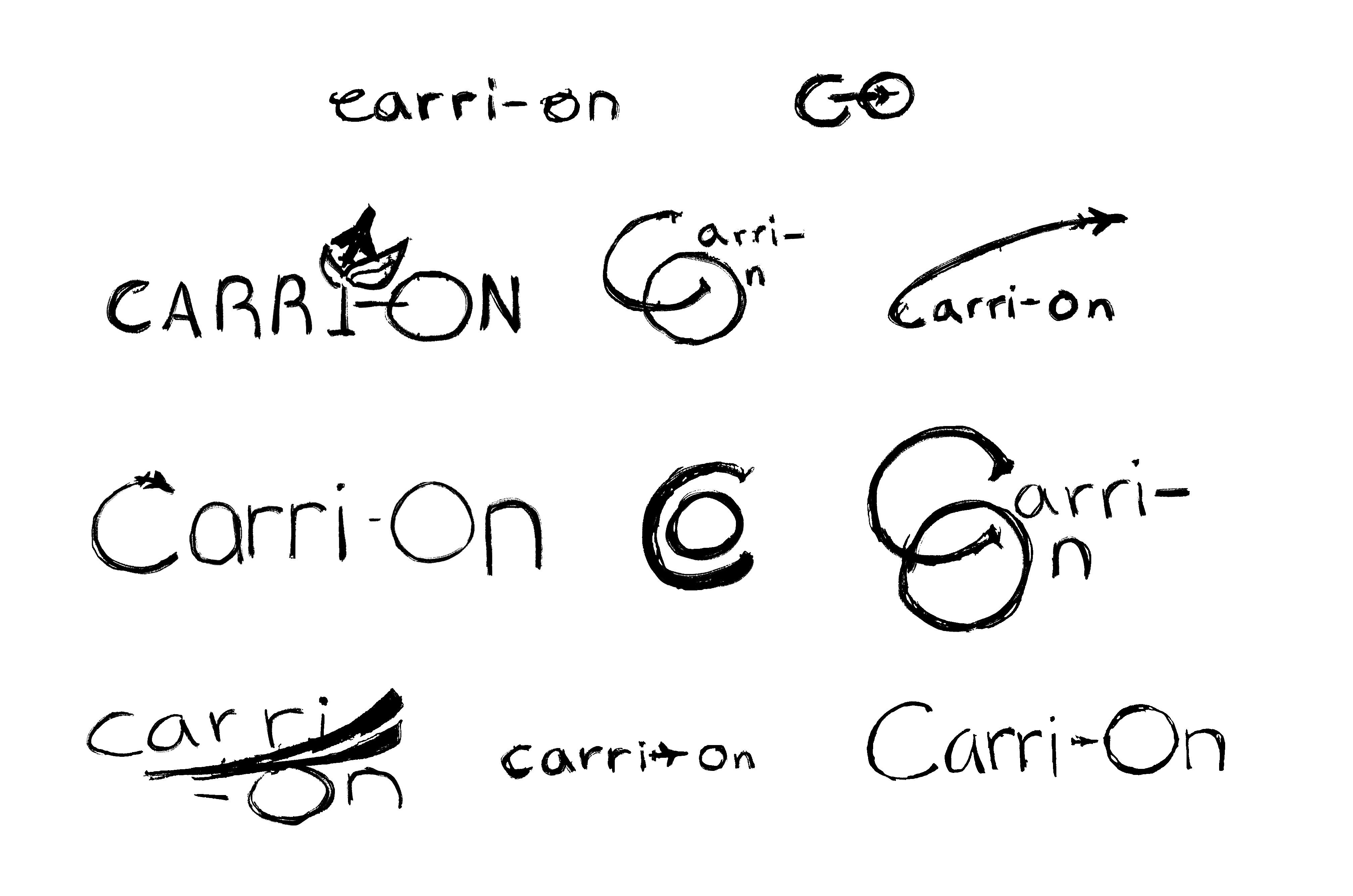 various concepts for the logo for "Carri-On," featuring hairline display typefaces and small planes placed around the hyphen or capital C.