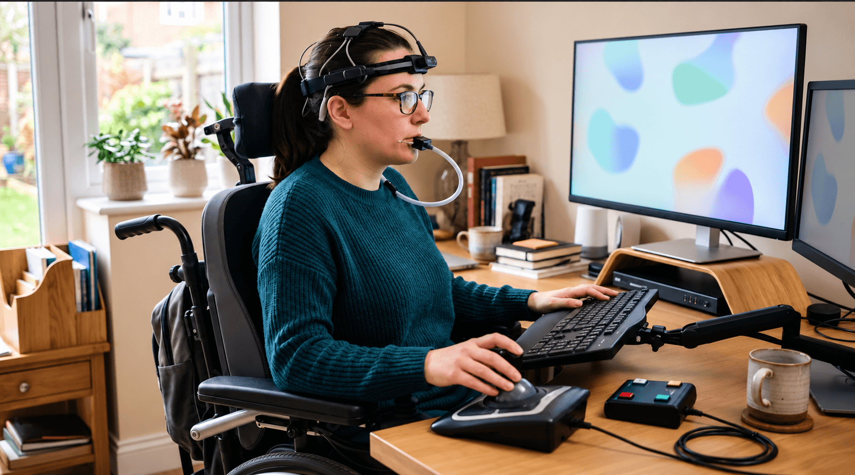 A wheelchair user working at an adaptive computer setup with head tracking and accessible controls.