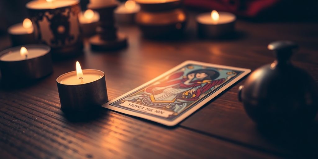 Single tarot card on a wooden table with candles.