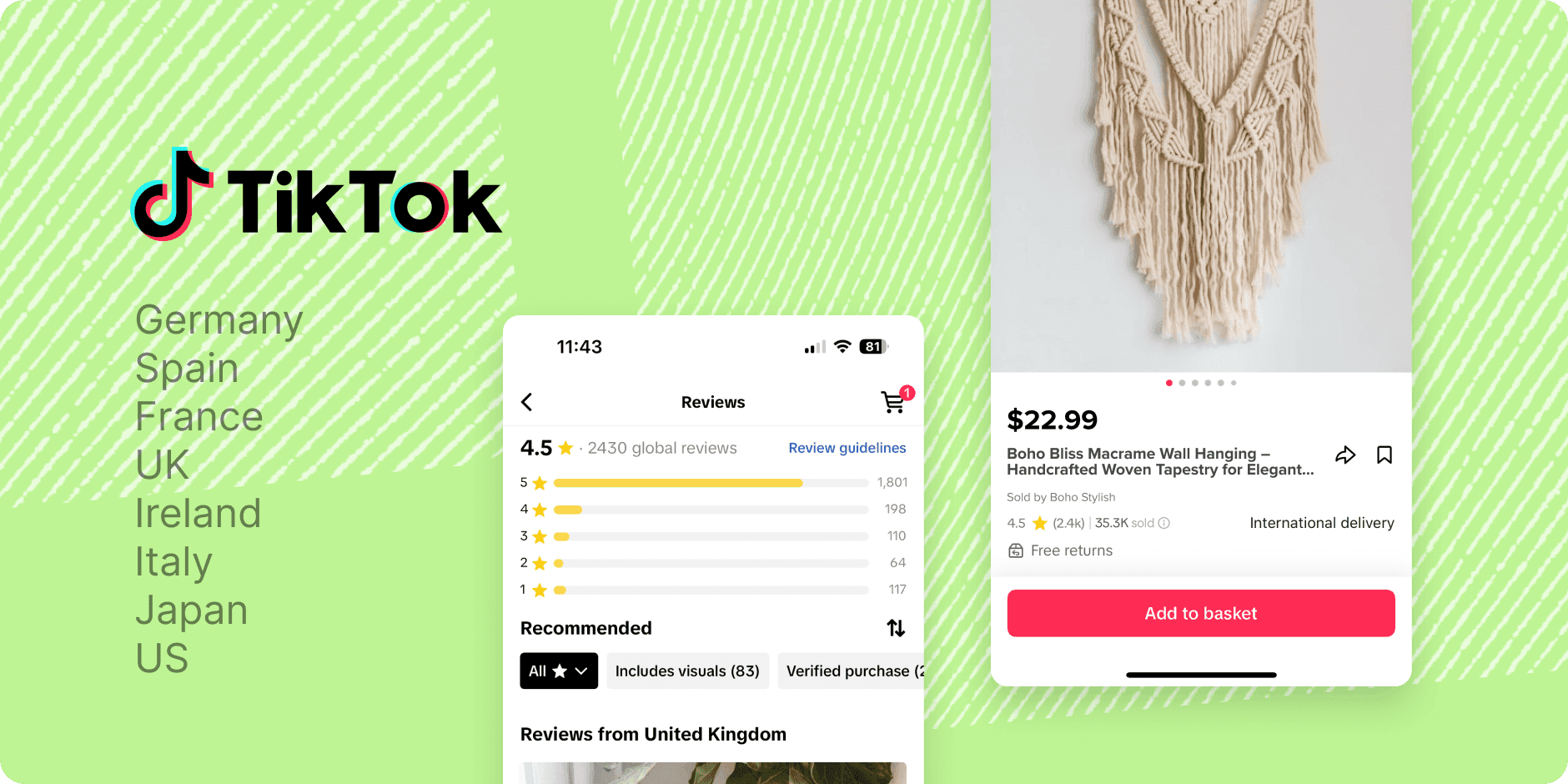 tiktok logo with shop product reviews and list of countries