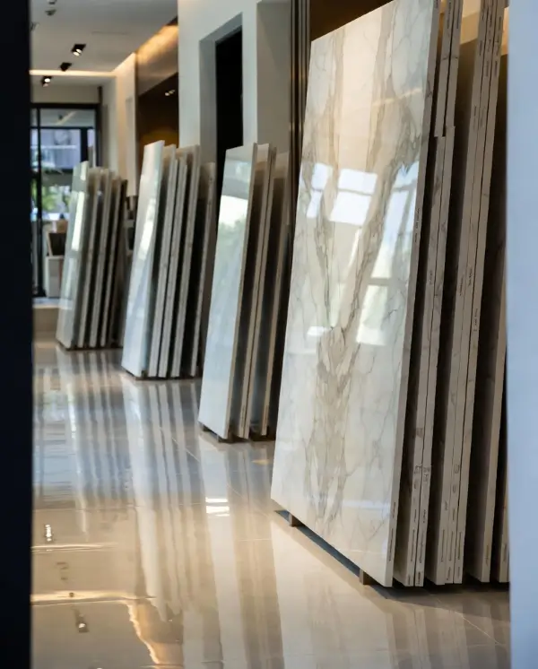 Μεγάλα πλακάκια και slabs σε showroom σε κάθετη παρουσίαση με γυαλιστερό δάπεδο και σύγχρονο χώρο