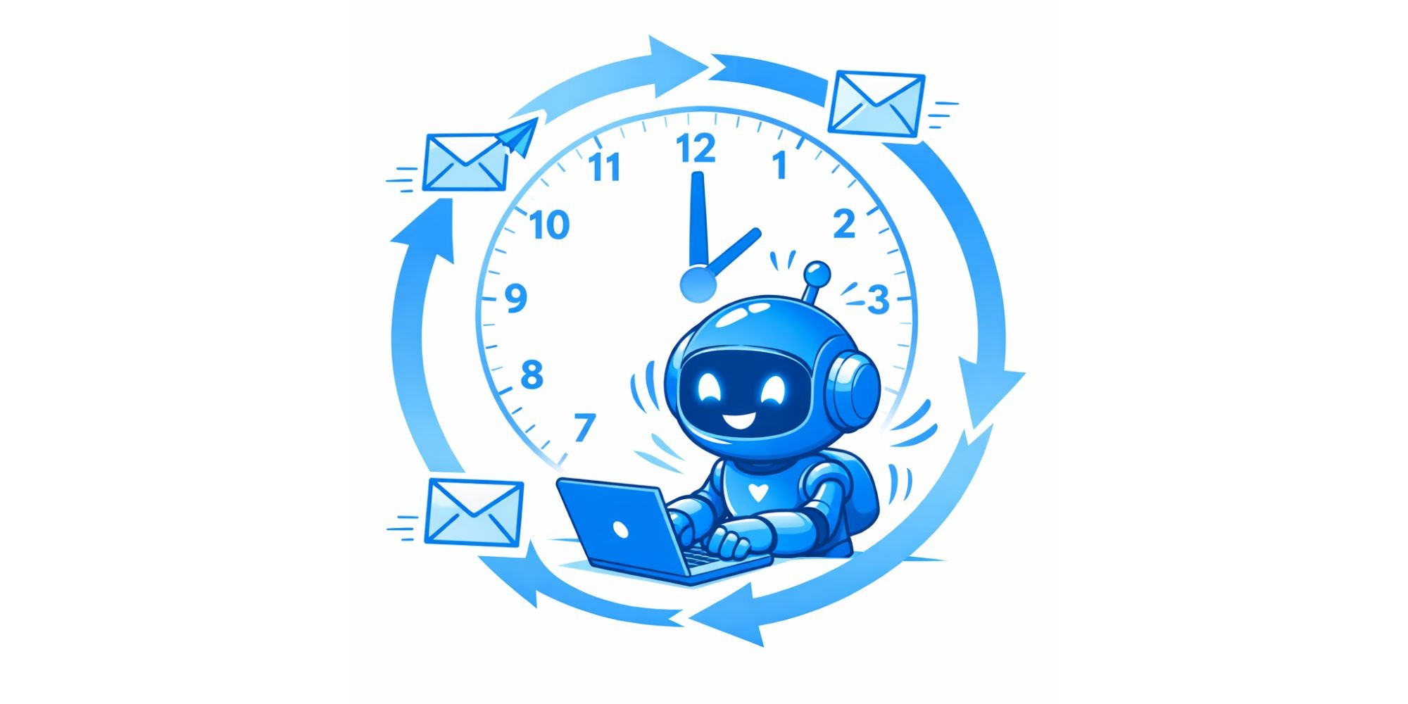 Robot AI trabajando continuamente con reloj de 24 horas y flechas de flujo de trabajo automático enviando emails