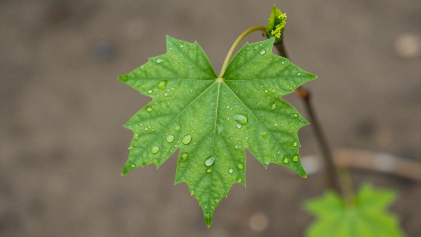 A new green leaf unfurling with dew drops.
