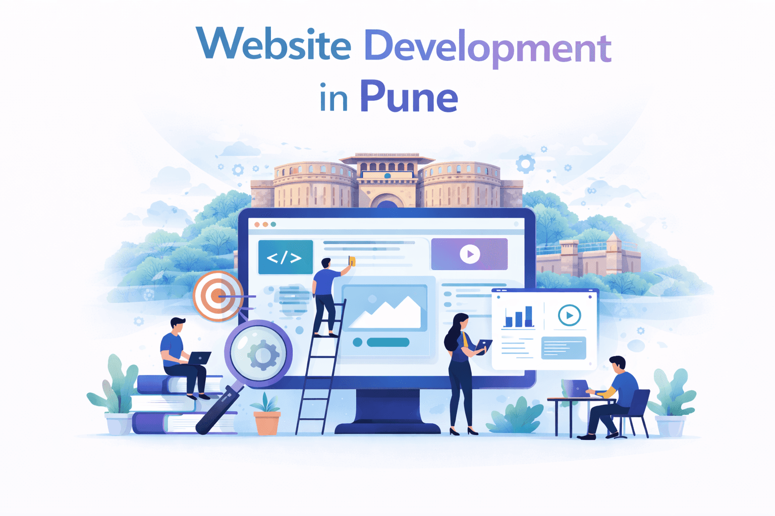 Three people in a meeting room looking at a presentation.