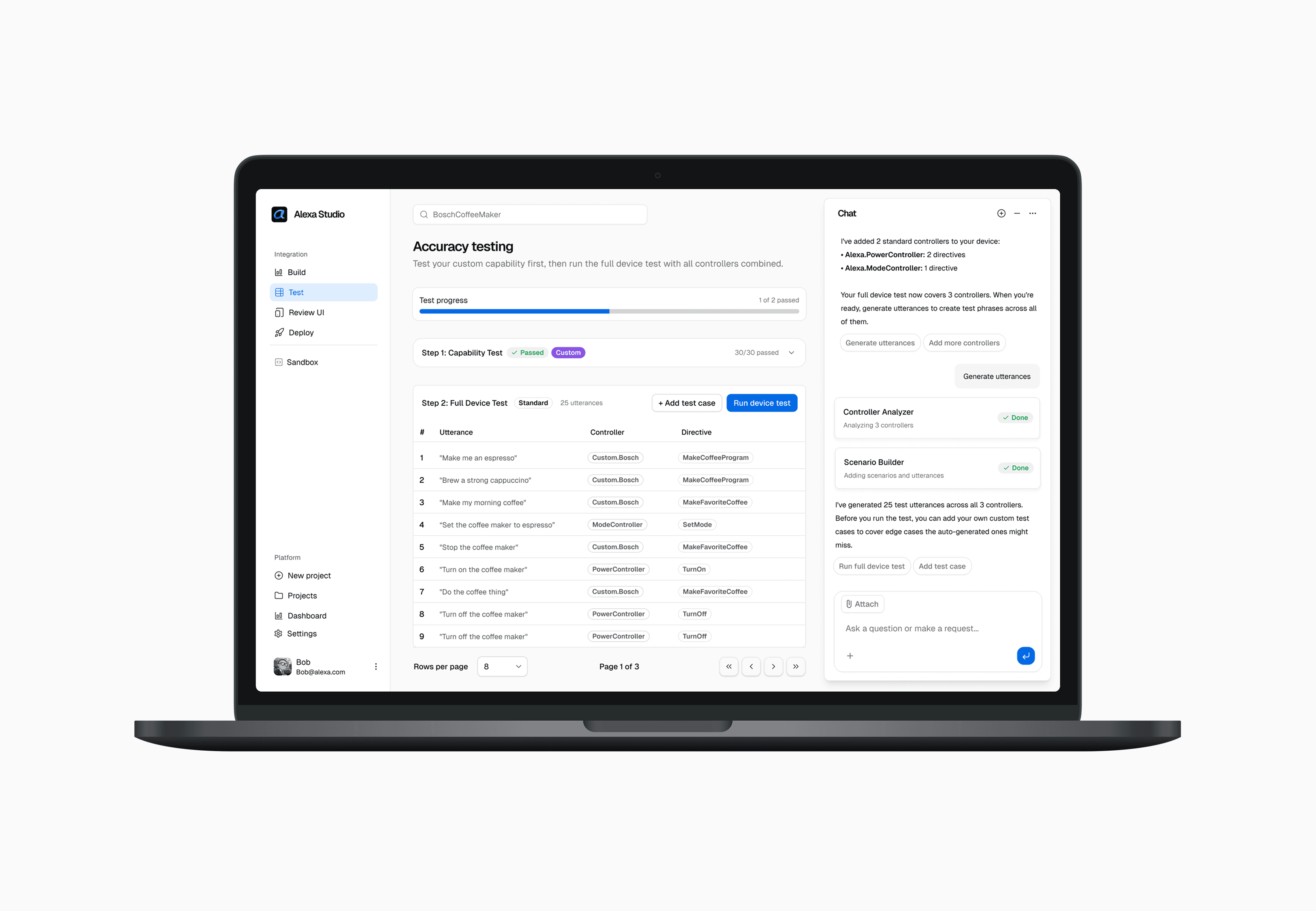 The final visual design- showing the accuracy test results in the center with the AI agent on the right guiding the user in debugging failure cases