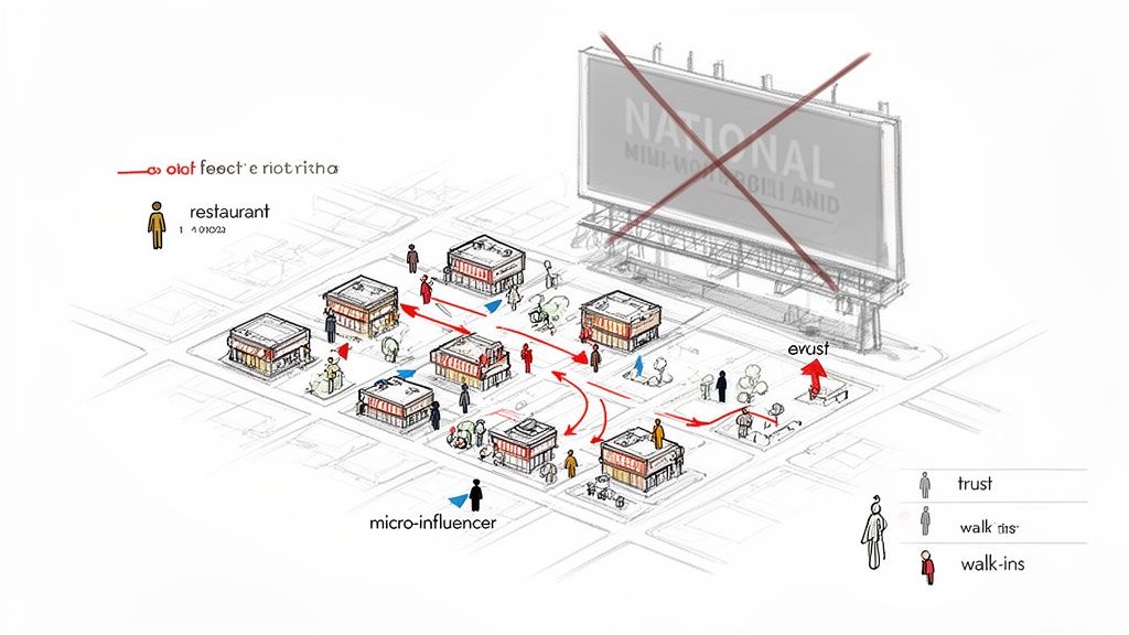 A marketing diagram showing micro-influencers guiding customers to multiple restaurants, bypassing traditional advertising.