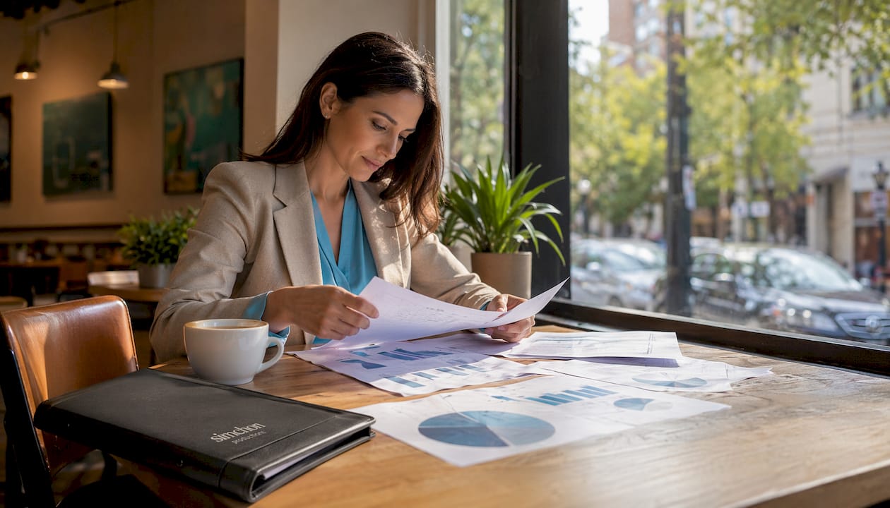Lawyer reviewing video marketing data in office