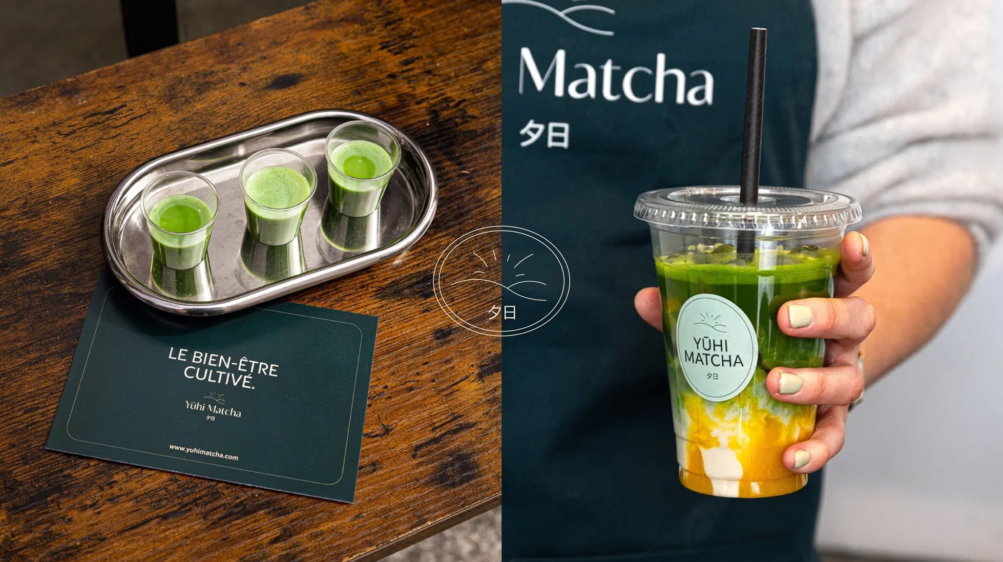Dégustation de matcha + carte informative sur la préparation du matcha + photo lors du pop up, matcha latte mangue dans un gobelet.