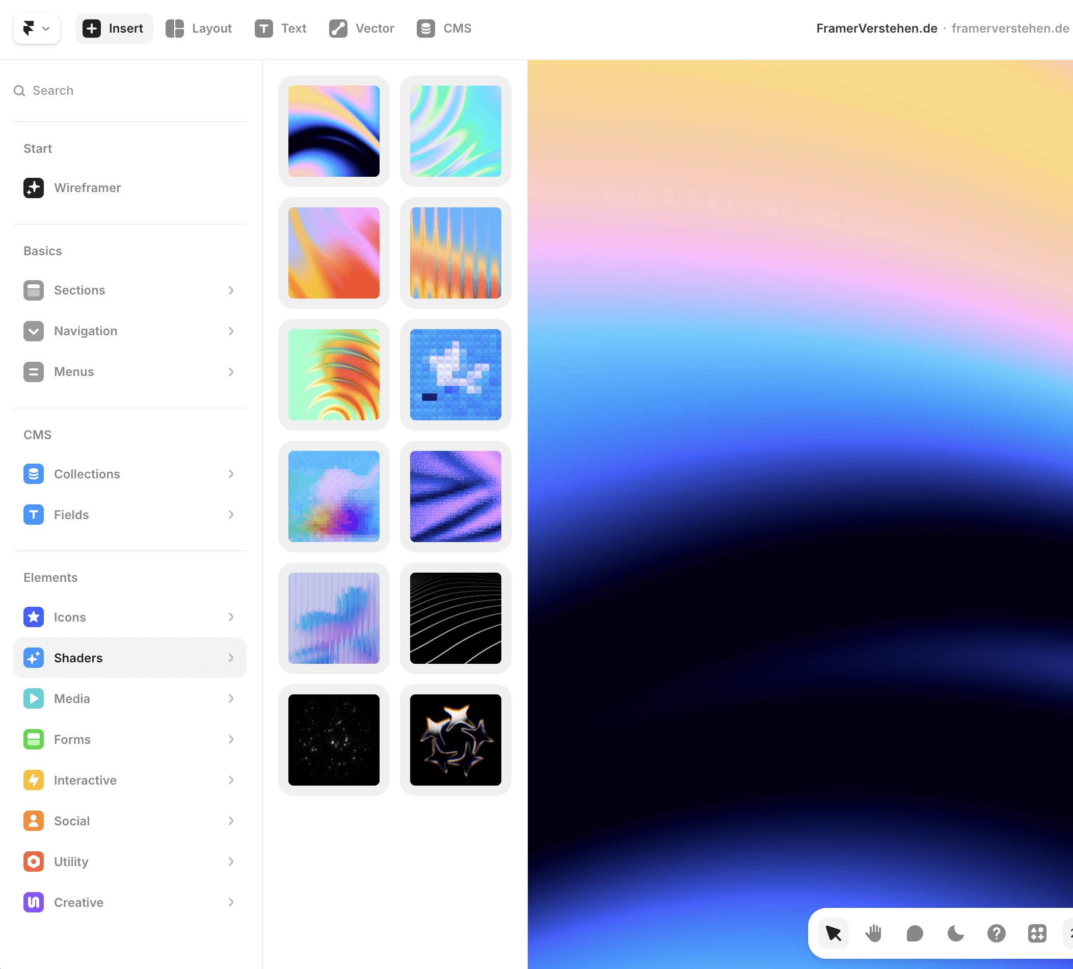 Screenshot des Shader-Menüs in Framer