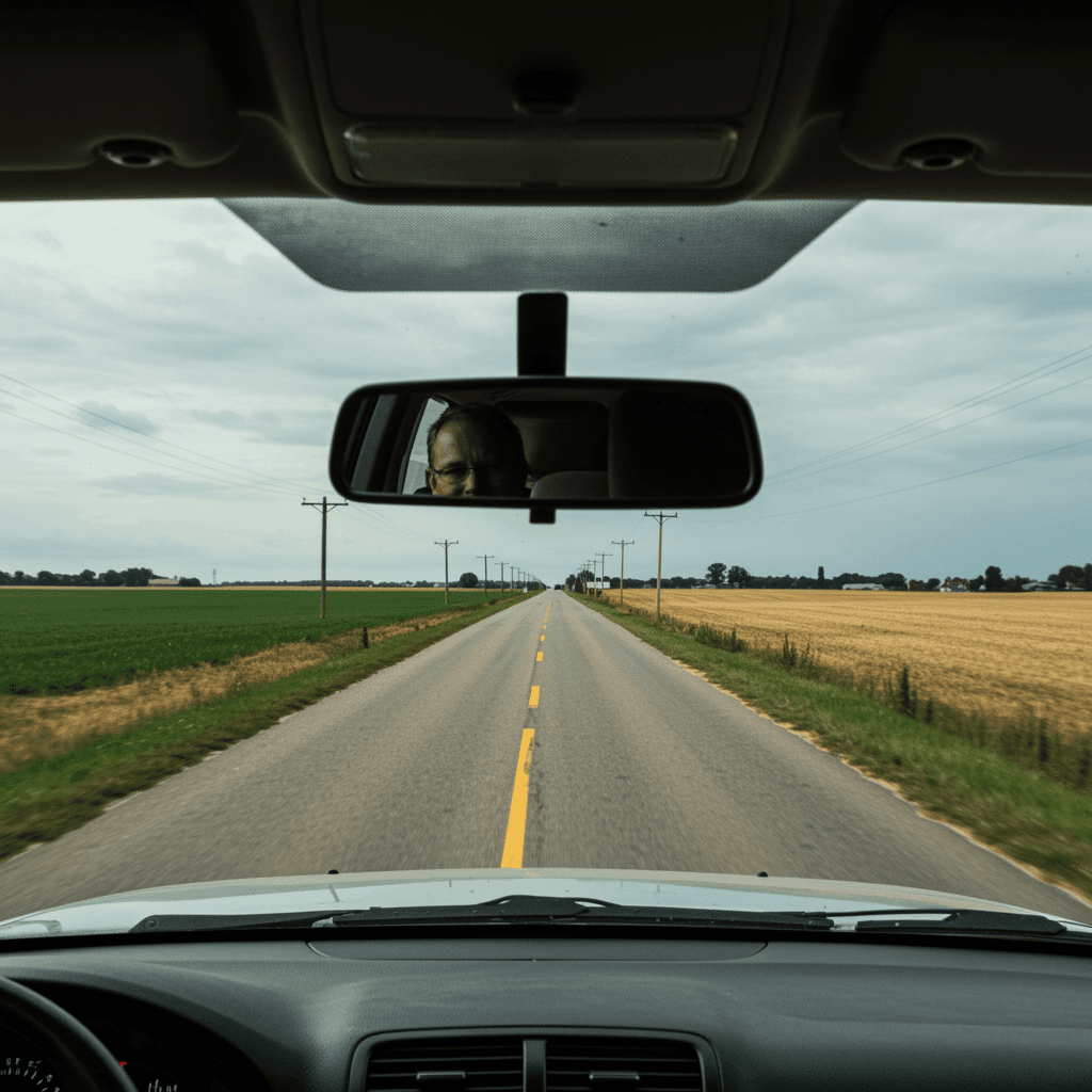 Car with a new windshield driving on rural farm road in Plant City, Florida