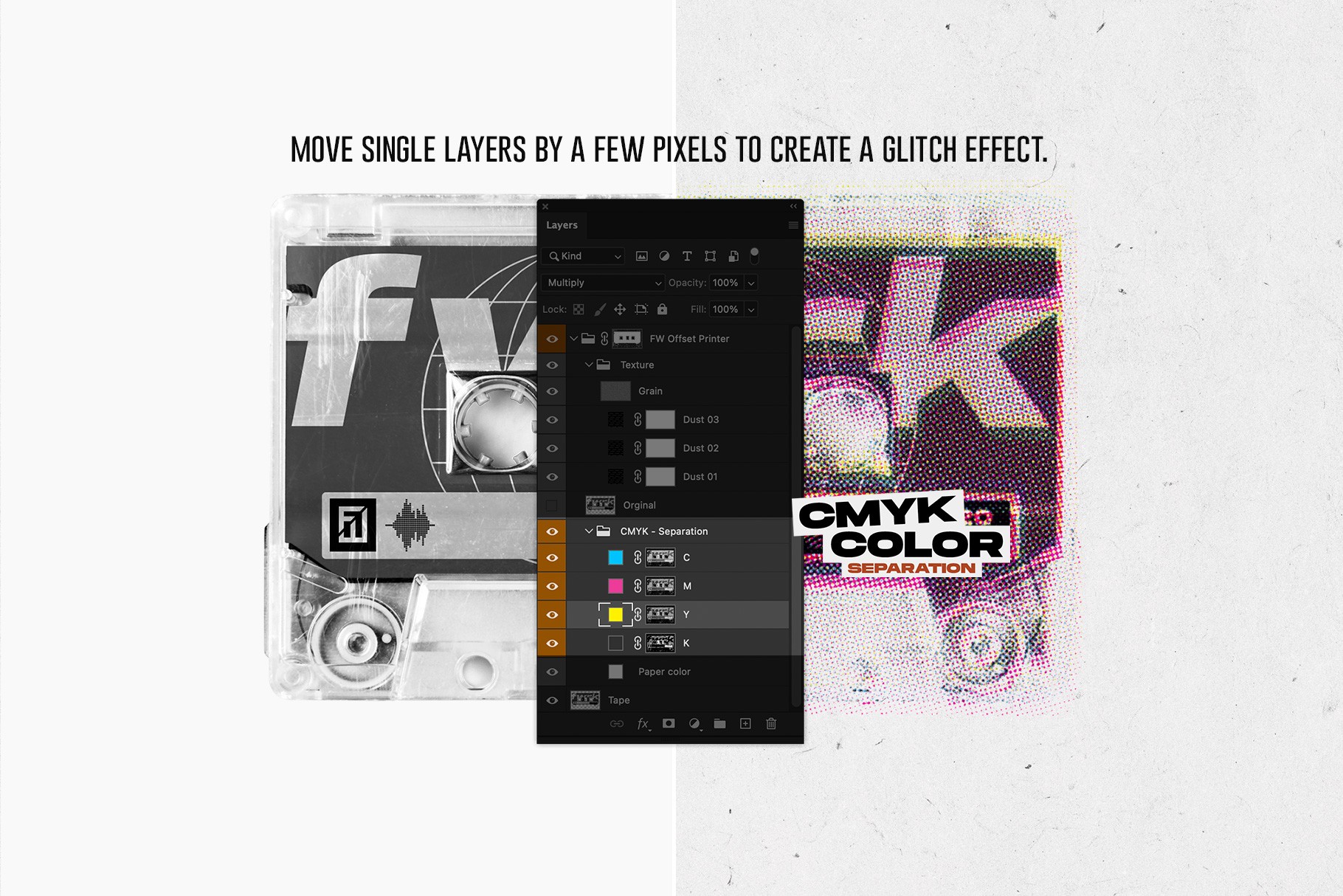 Tutorial showing how to create a glitch effect by moving single cmyk layers in photoshop