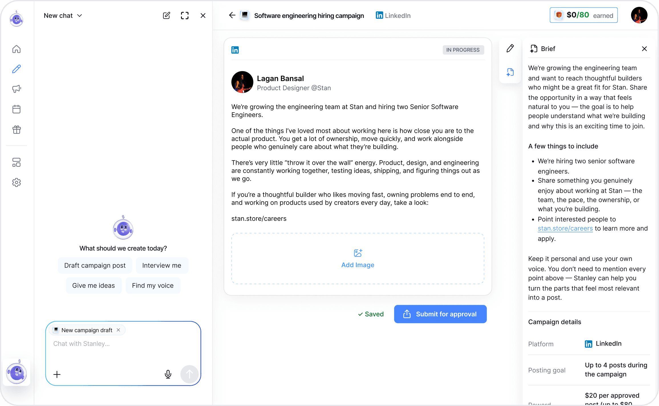 The redesigned Stanley writing page with visible rewards, campaign context, and collapsible drafts