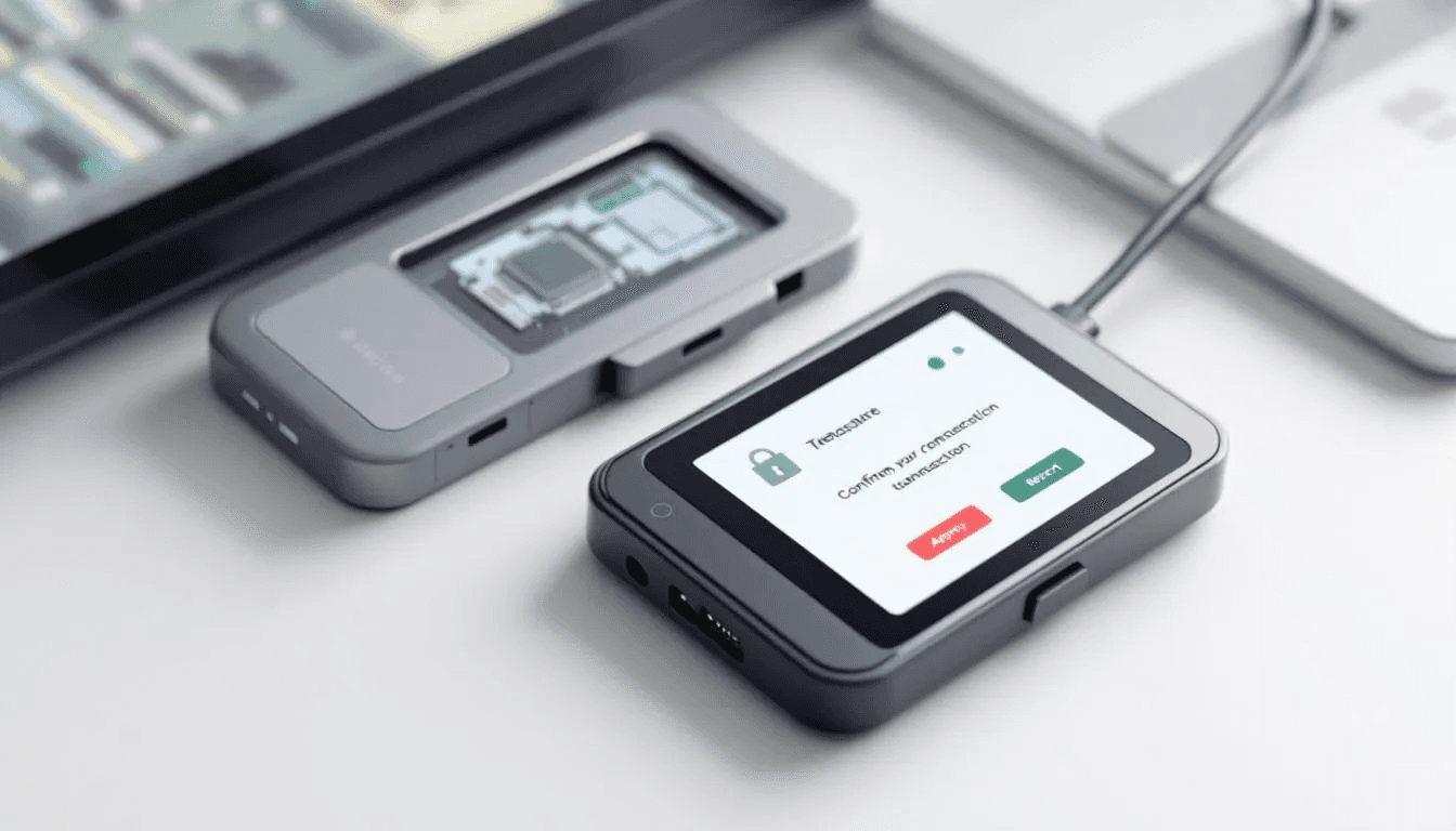 The image depicts a hardware cryptocurrency wallet, showcasing its robust security features designed to protect digital assets. This cold wallet is essential for secure transactions within the bitcoin network, helping users safely store their bitcoins and other cryptocurrencies while mitigating risks such as phishing scams.