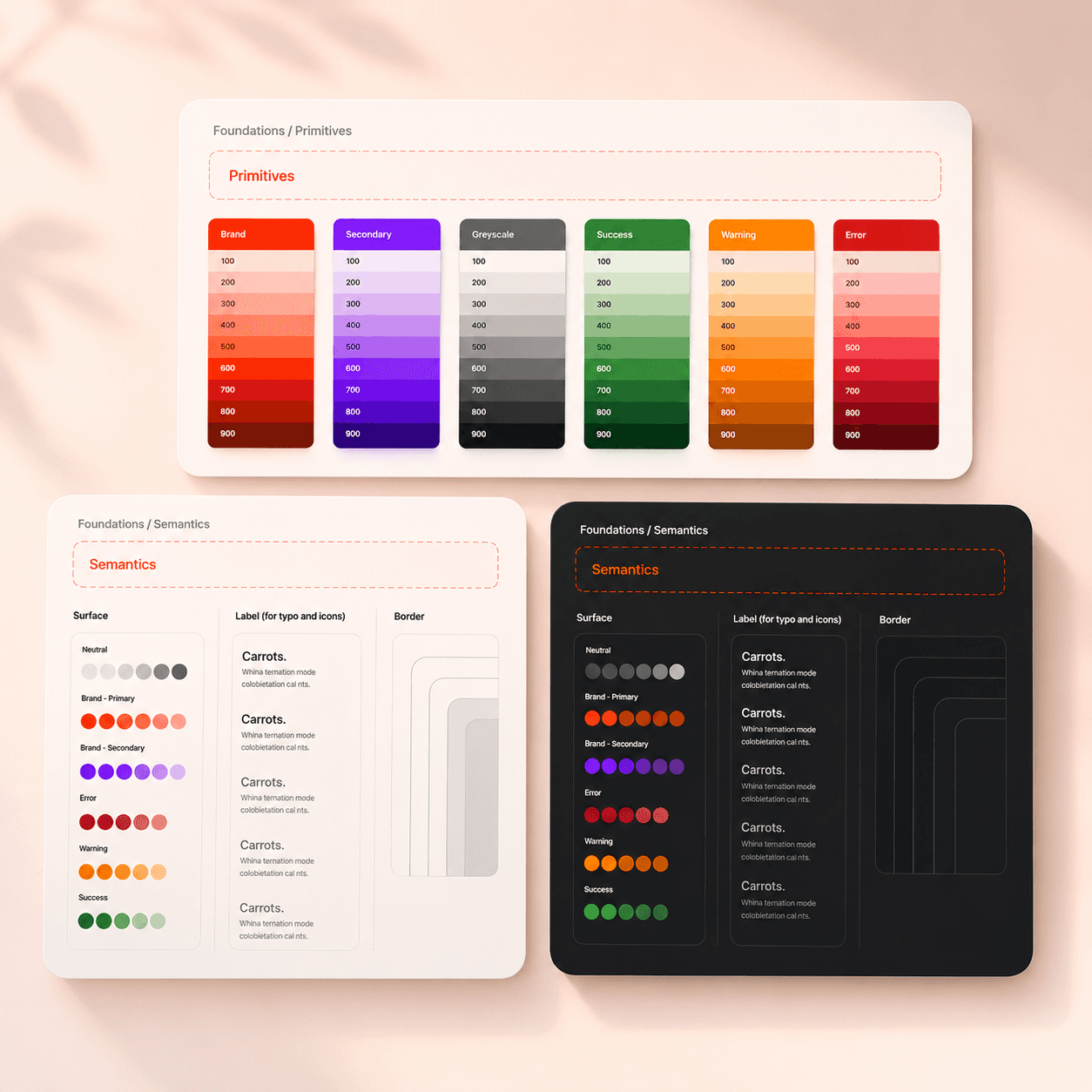 Design system color primitives and light/dark semantic tokens for surface, label, and border