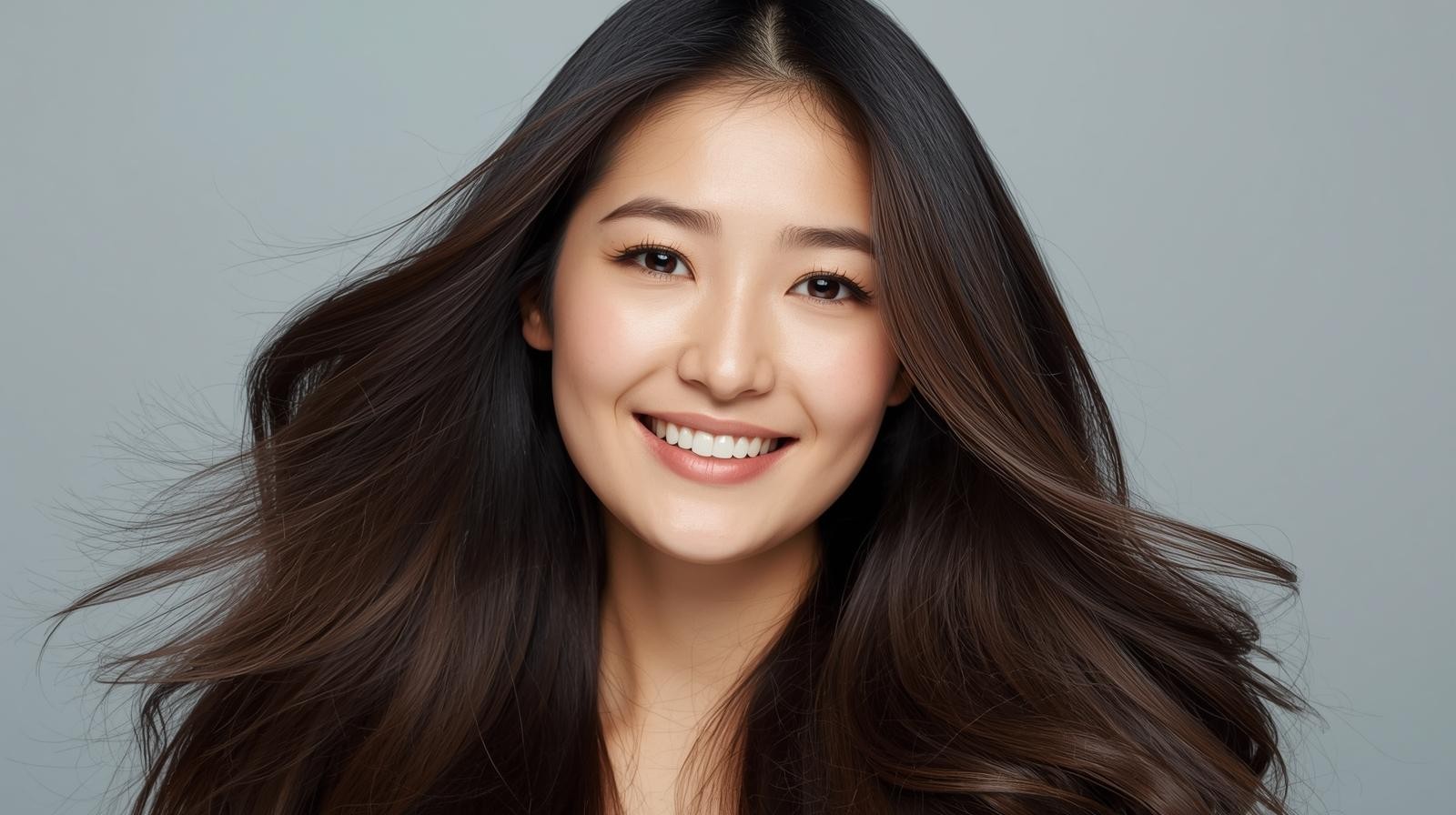 Happy woman showing her healthy silky hair