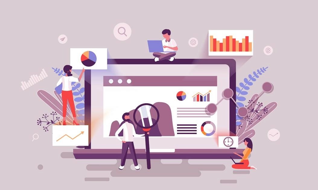 Illustration of tiny figures analyzing a large analytics dashboard on a laptop screen with charts, graphs, and a magnifying glass, representing influencer campaign performance