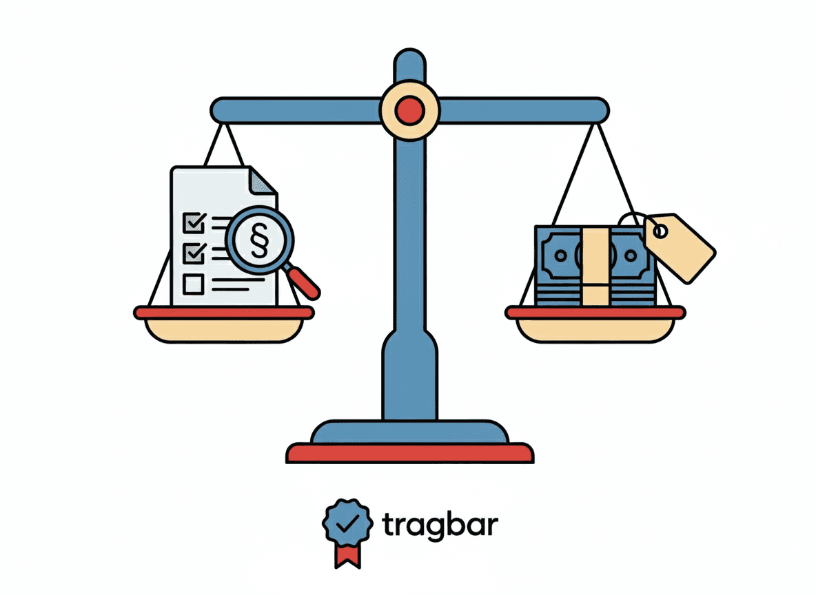 Waage mit auf der linken Seite einem Dokument mit Paragraphenzeichen und Lupe, auf der rechten Seite Geldbündeln mit Preisschild, darunter das Wort 'tragbar'.