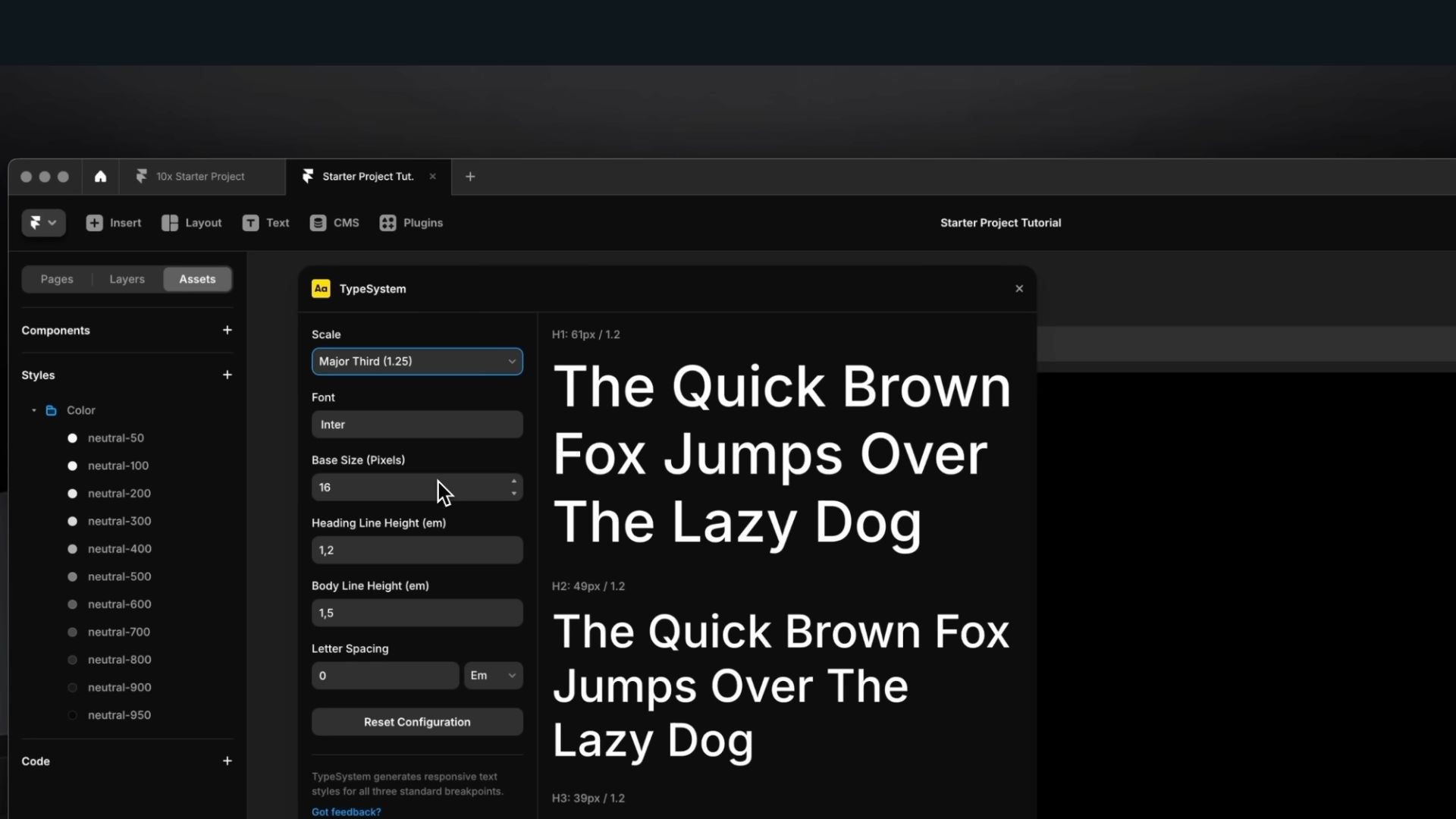 Web design tool interface displaying typography settings panel with sample text 'The Quick Brown Fox Jumps Over The Lazy Dog'