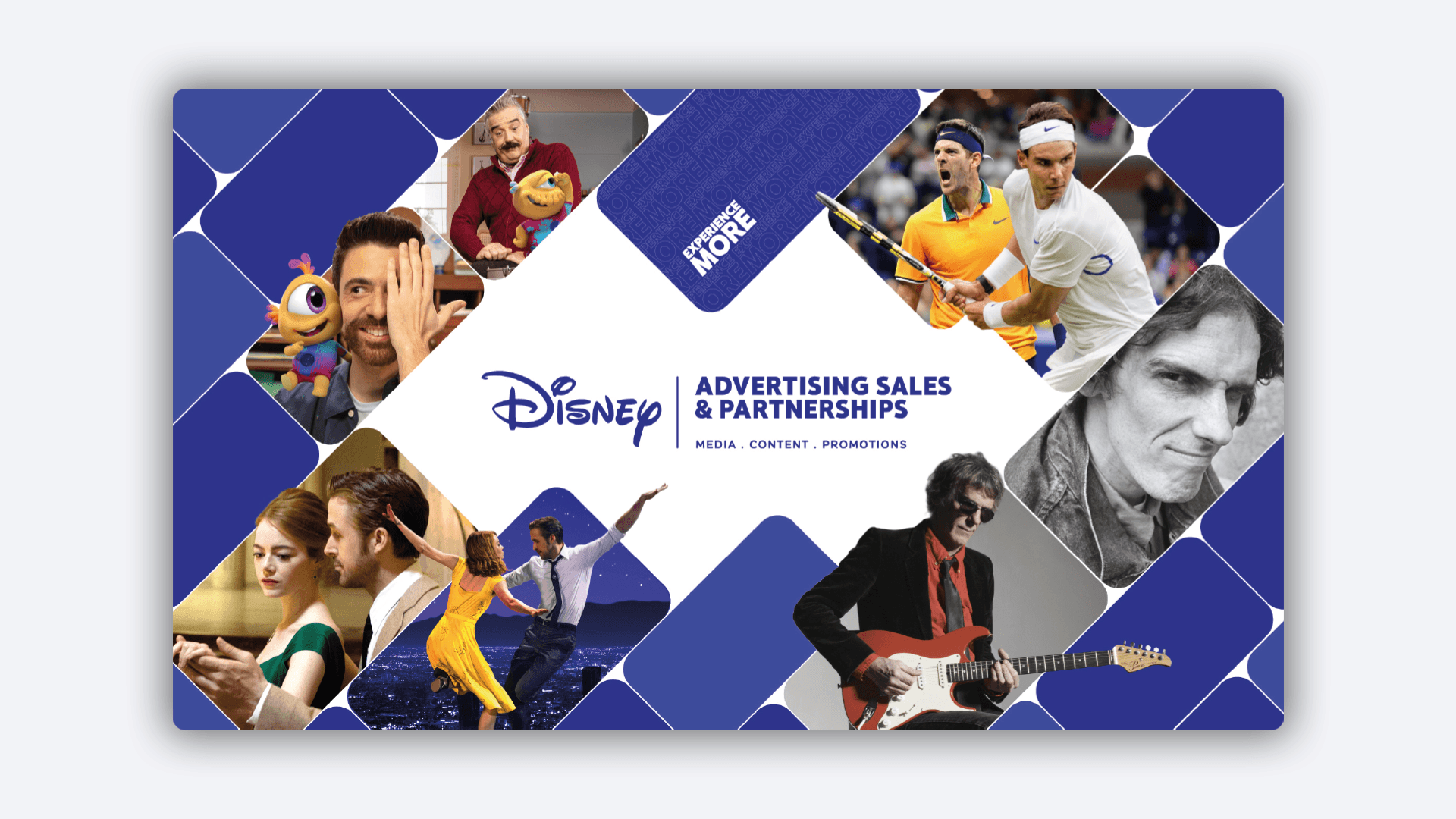 Collage de escenas de películas y deportes con el banner central de Disney Advertising Sales & Partnerships.