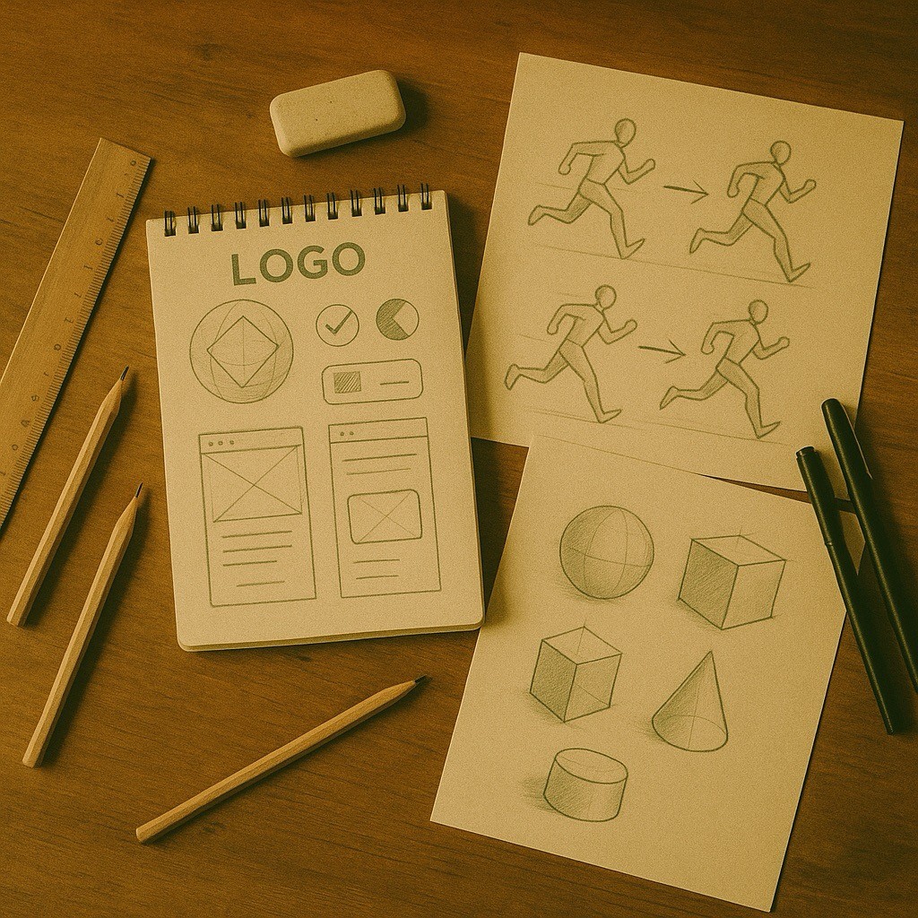 design sketches lying on a table with pencils, a ruler, and an eraser