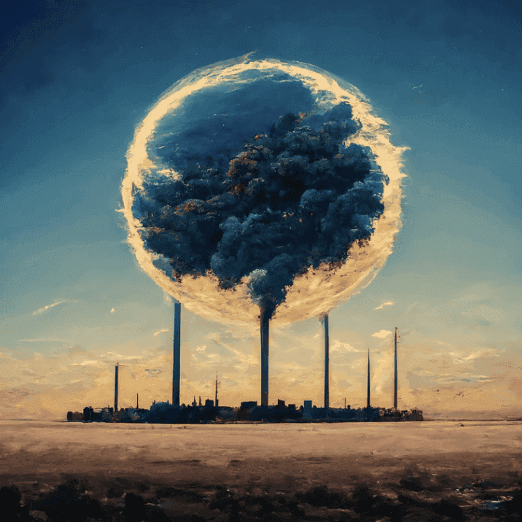smokestacks in the sea emitting co2 into a dome in the sky