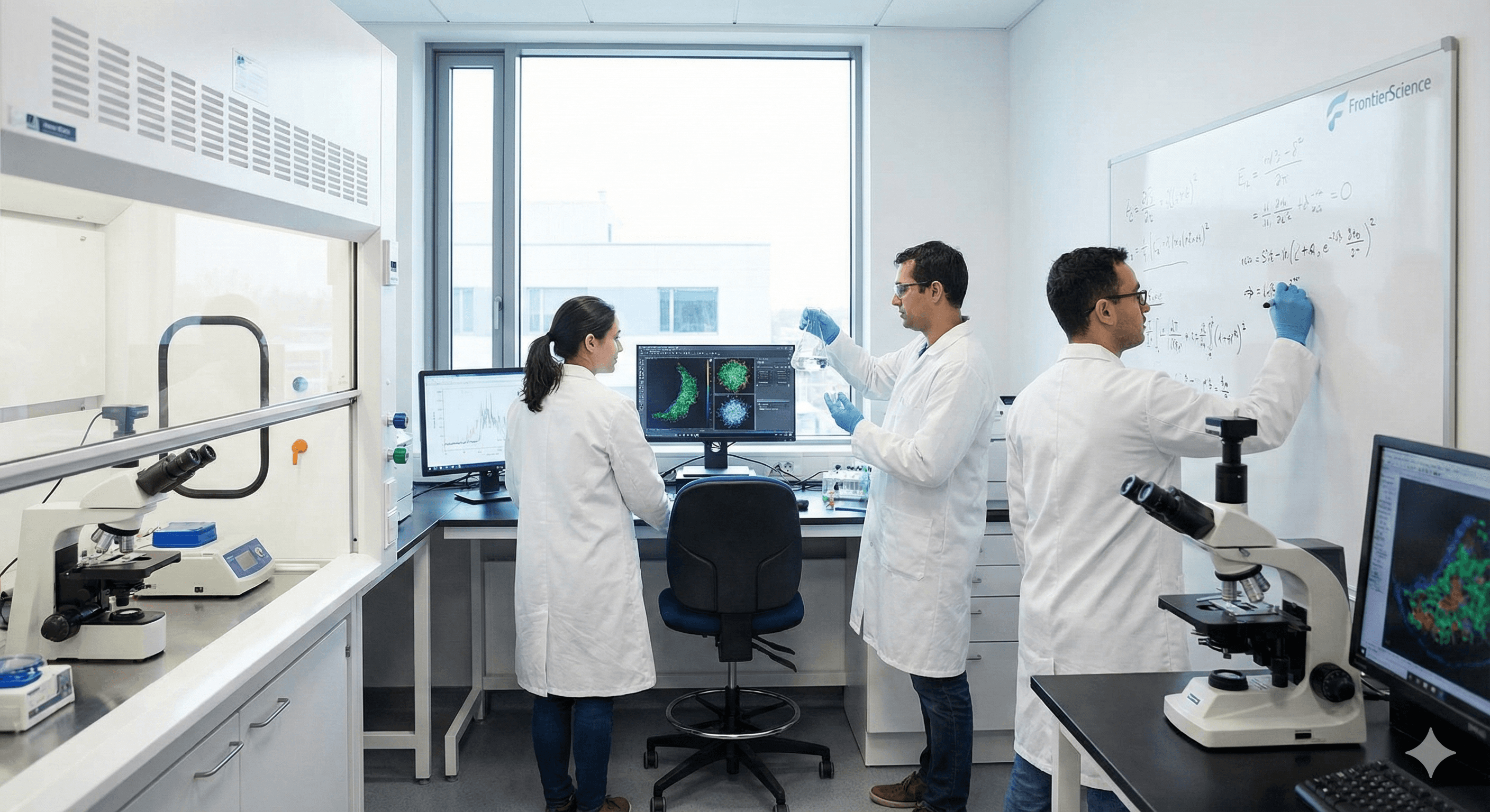 A group of four colleagues is engaged in a meeting in a modern office, with a woman presenting colorful Miro bar charts on a large screen, as three others seated with laptops and a coffee cup listen attentively.