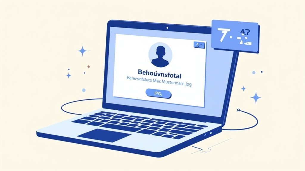 Laptop zeigt eine Benutzeroberfläche zum Hochladen eines Profilbildes, mit Text 'Behouvnsfotal' und Dateiname.