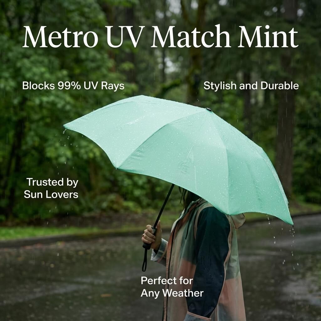 ecommerce ad of a persona holding a weather proof umbrella