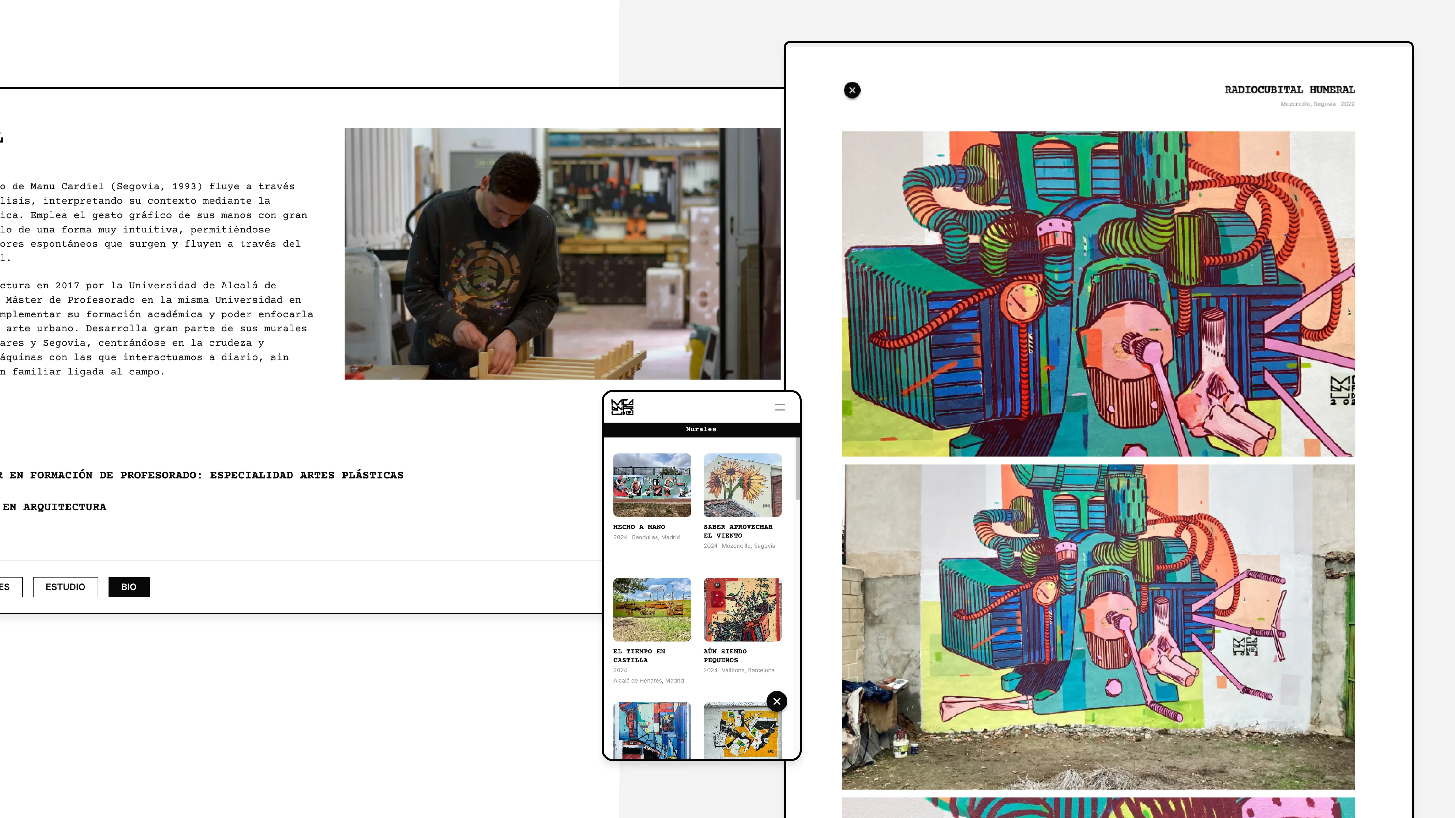 A combination of mockups in a white background, displaying a series of screens of an street art portfolio