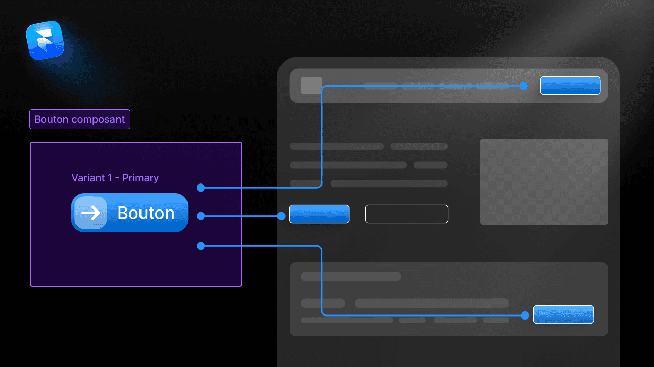 exemple de composant bouton dans framer avec variants et instances utilisées dans une interface