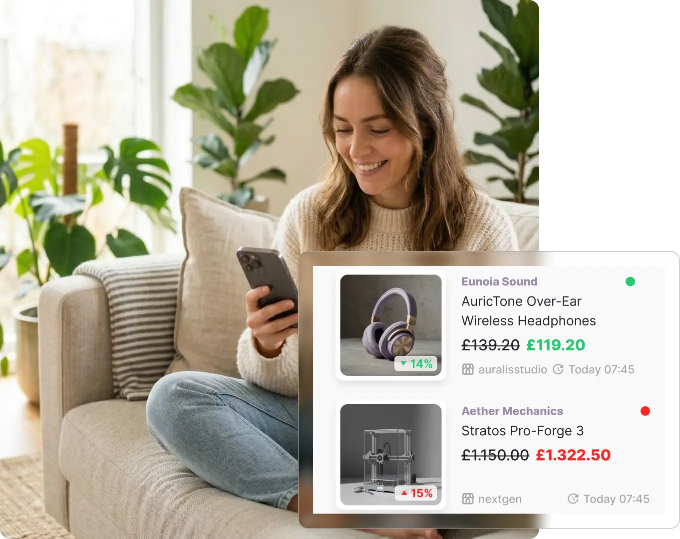 Woman sitting on a sofa near a houseplant, smiling down at her phone, with a Whisprice wishlist overlay showing tracked products including headphones and a gaming controller with original and current prices and colour-coded percentage change tags.