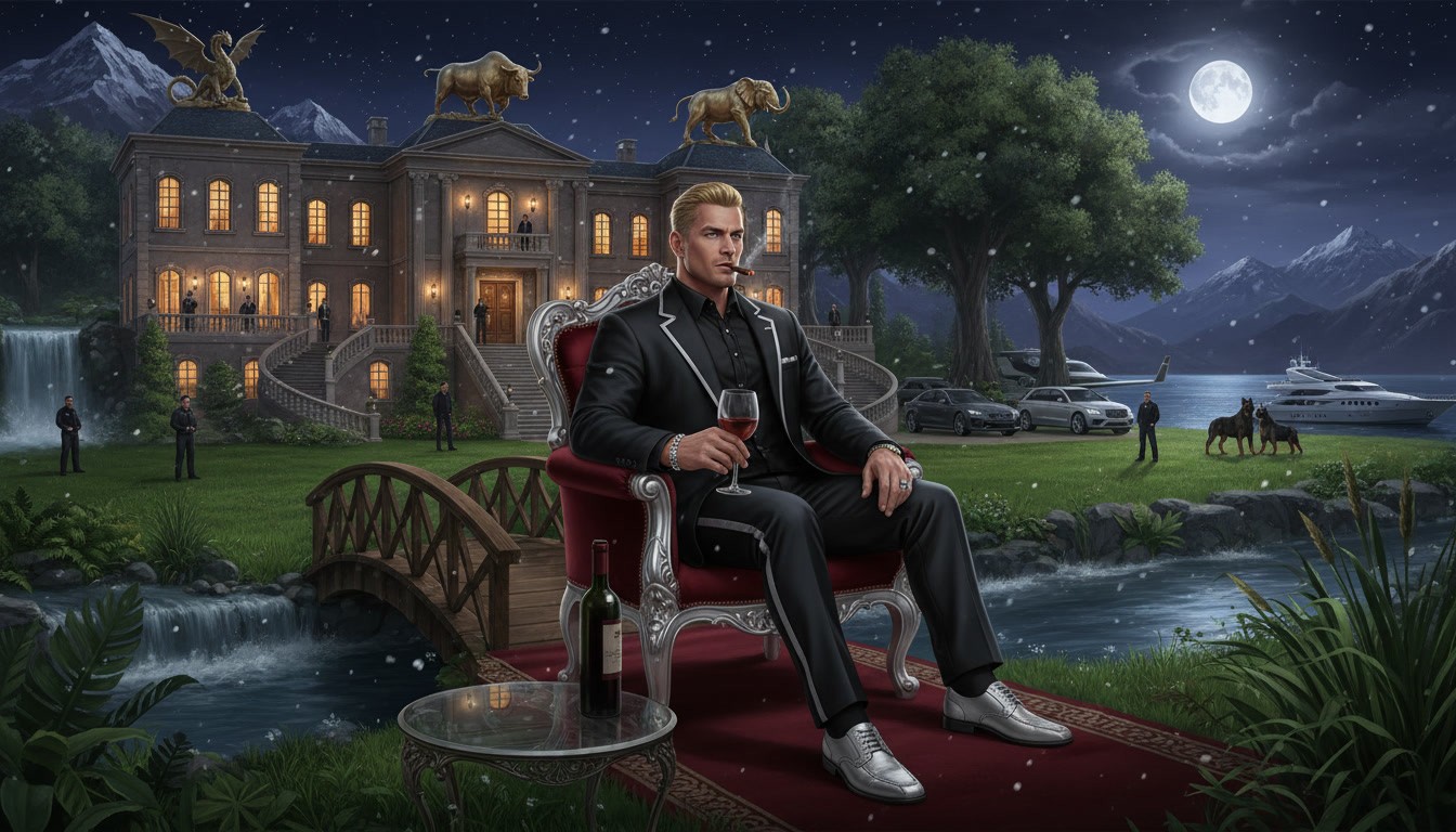 A 42-year pale-skinned muscular man with golden blond short hair, blue eyes, clean-shaved, wearing a fancy designer black suit and black pants with one silver stripe on each leg.A full black shirt and black coat with silver stripes on the borders and collar, silver shoes, a gold watch on his right hand, and a silver bracelet on his left hand